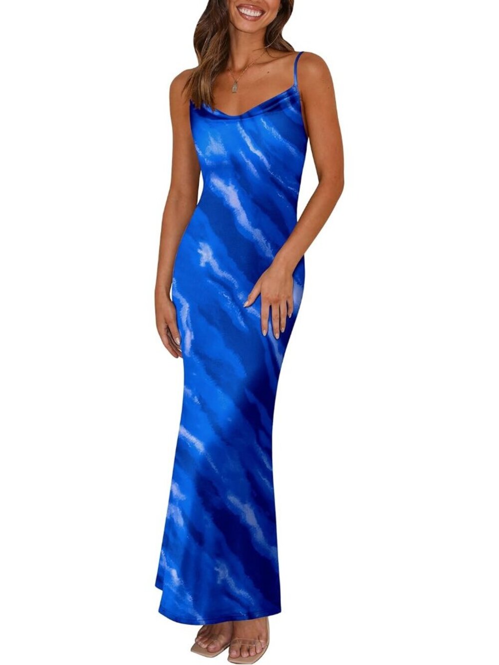 Women's C-Blue Floral Maxi Bodycon Spaghetti Strap Backless Summer Slip Dress